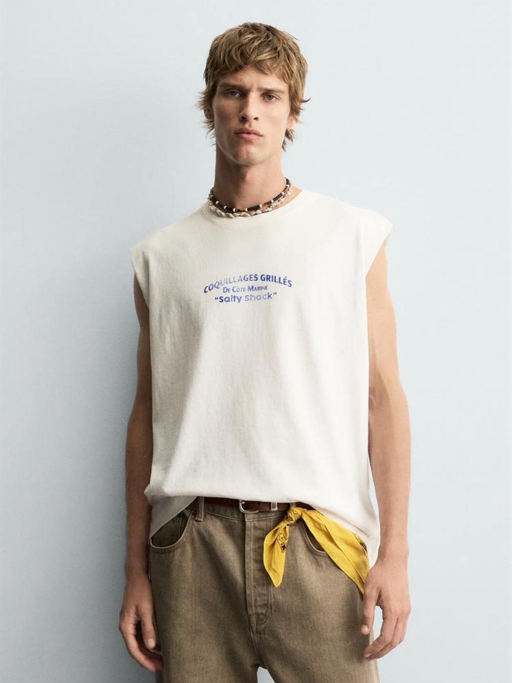 NWT. Zara Man Oyster White Washed Print Relaxed Fit Tank Top. Size S.